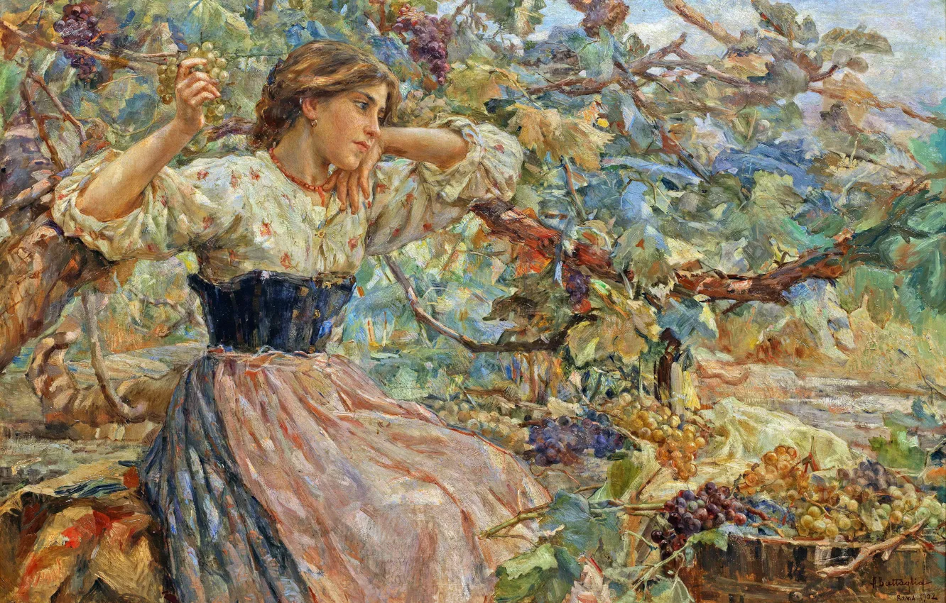 Photo wallpaper girl, picture, grapes, Italian painter, vintage, Alessandro Battaglia, Alessandro Battaglia