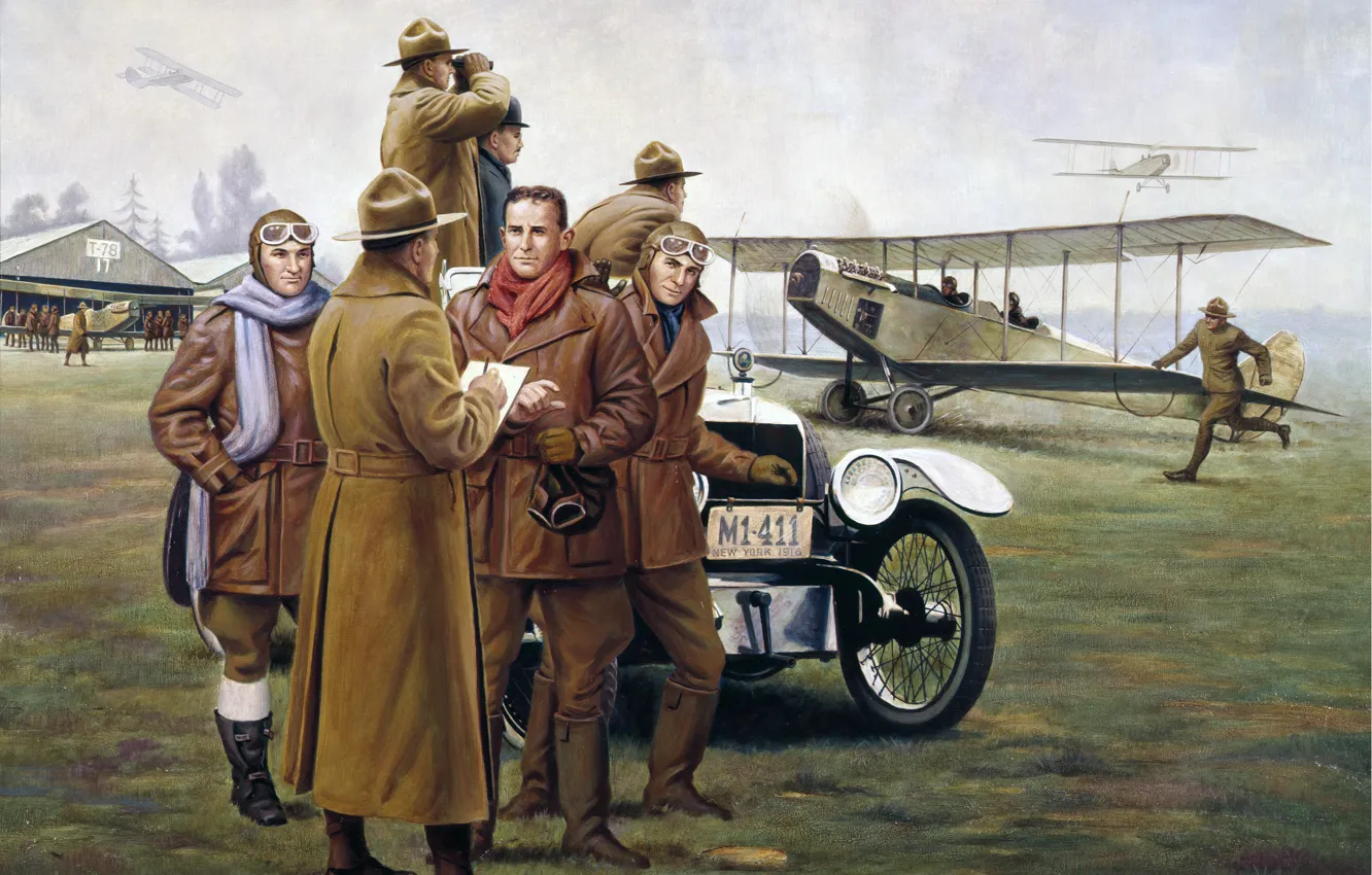 Photo wallpaper figure, New York, art, hangar, car, the airfield, pilot, mechanics