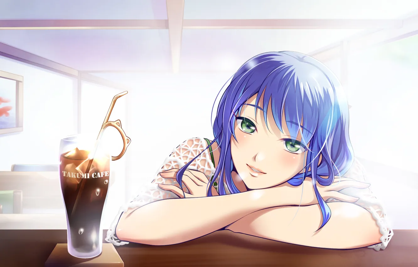 Photo wallpaper look, girl, smile, cafe, drink, art, hayakawa akari