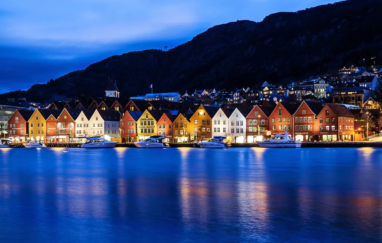 Photo wallpaper night, the city, lights, building, home, boats, Norway, harbour