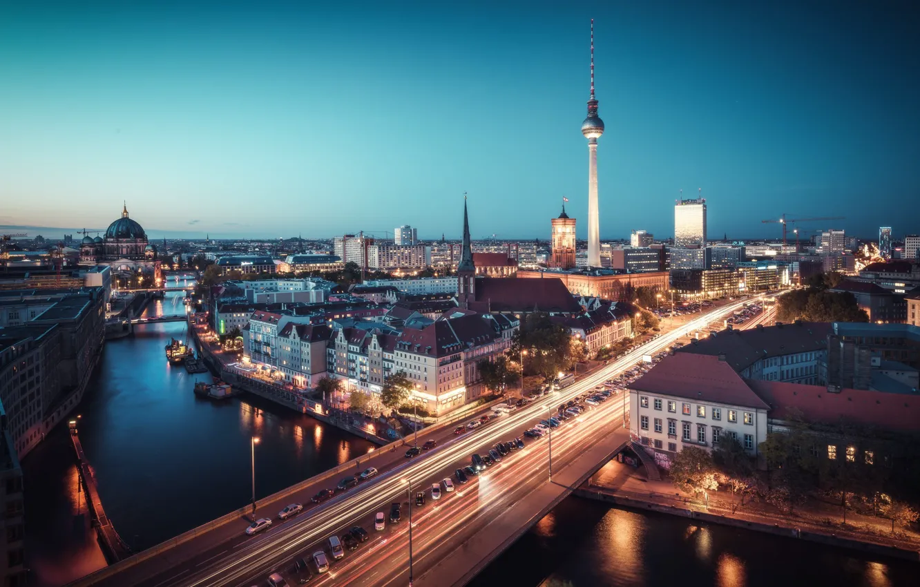 Photo wallpaper lights, twilight, river, bridge, Germany, night, dusk, traffic