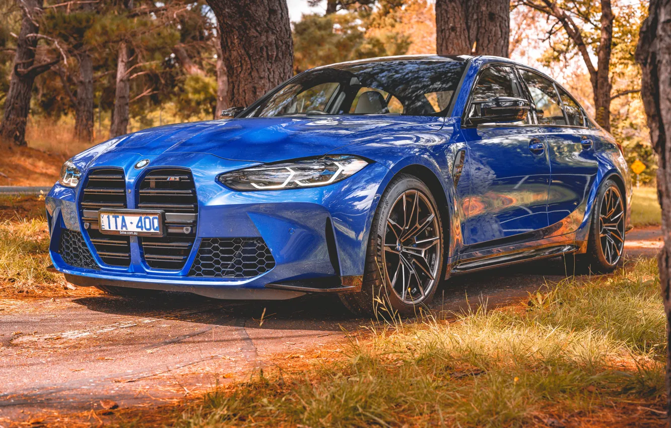 Photo wallpaper BMW, Blue, Front, Autumn, Side, BMW M3, Road, Forest