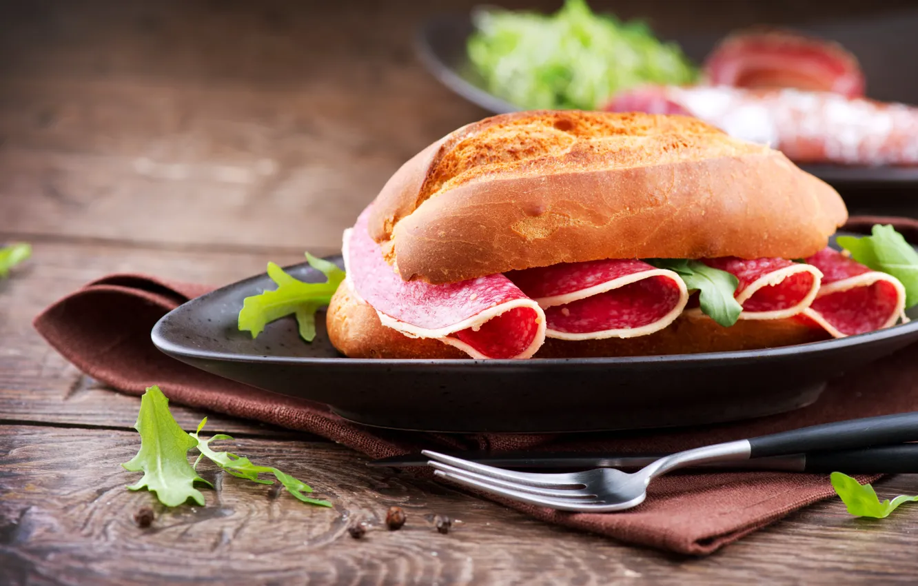 Photo wallpaper table, food, plate, knife, plug, sausage, sandwich, buns