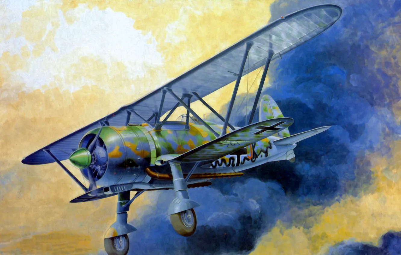 Photo wallpaper war, art, airplane, painting, aviation, biplane, Fiat CR.42 Falco