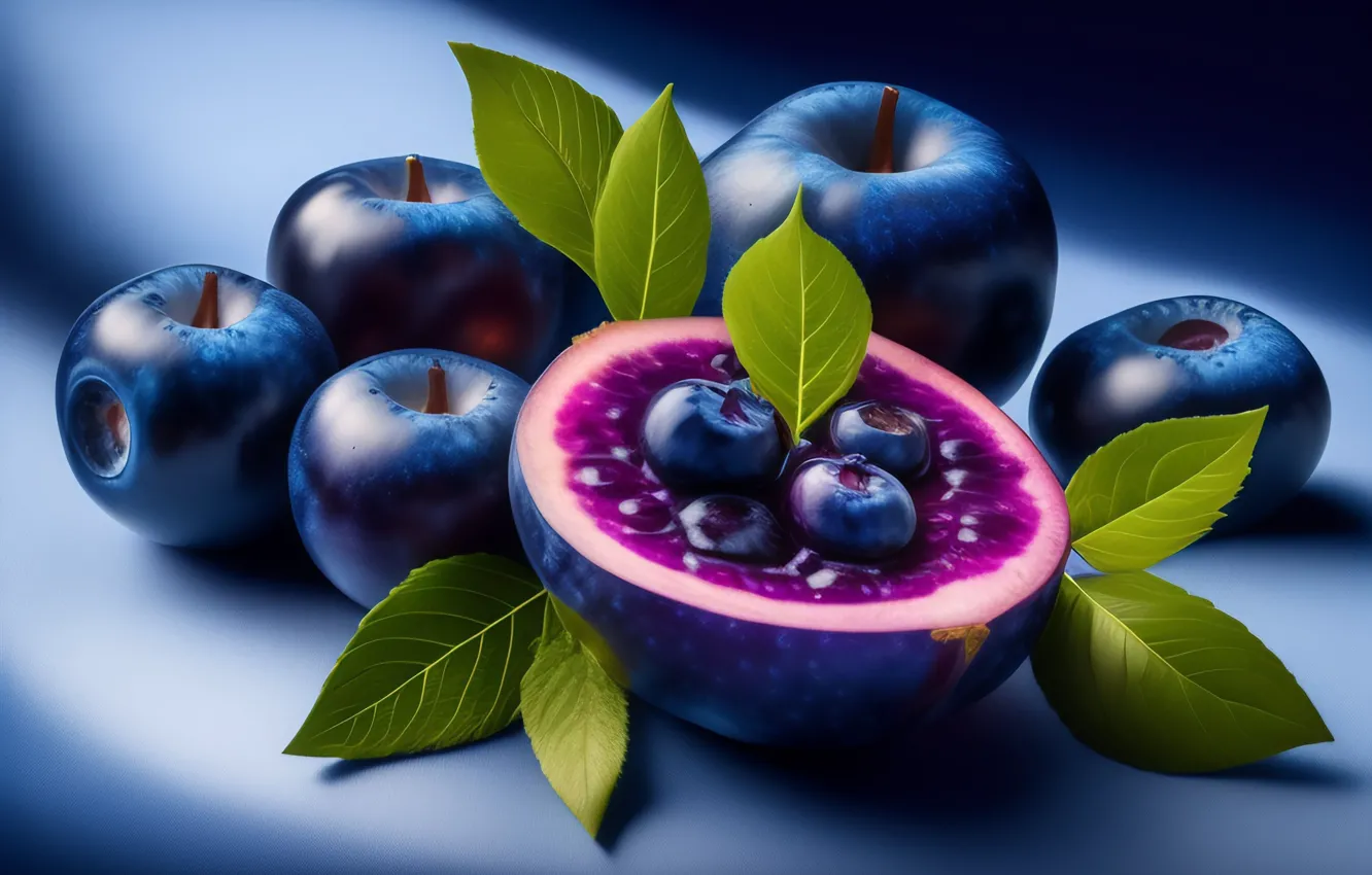 Photo wallpaper berries, blueberries, leaves, blueberries, neural network