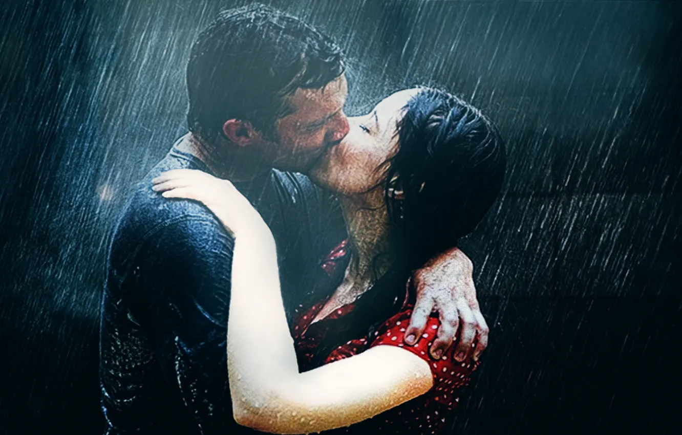 Photo wallpaper rain, kiss, pair, kiss