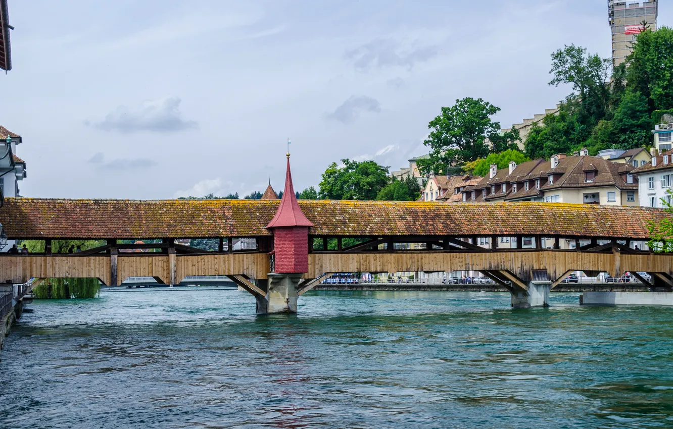 Photo wallpaper bridge, river, Switzerland, gallery, Lucerne, turret