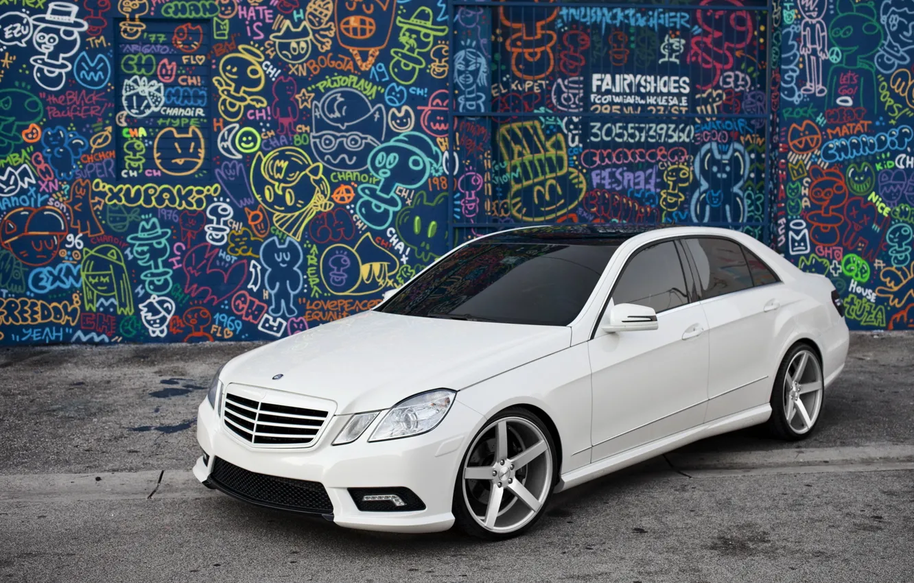 Photo wallpaper white, graffiti, tuning, Mercedes, the front, tinted, E Class