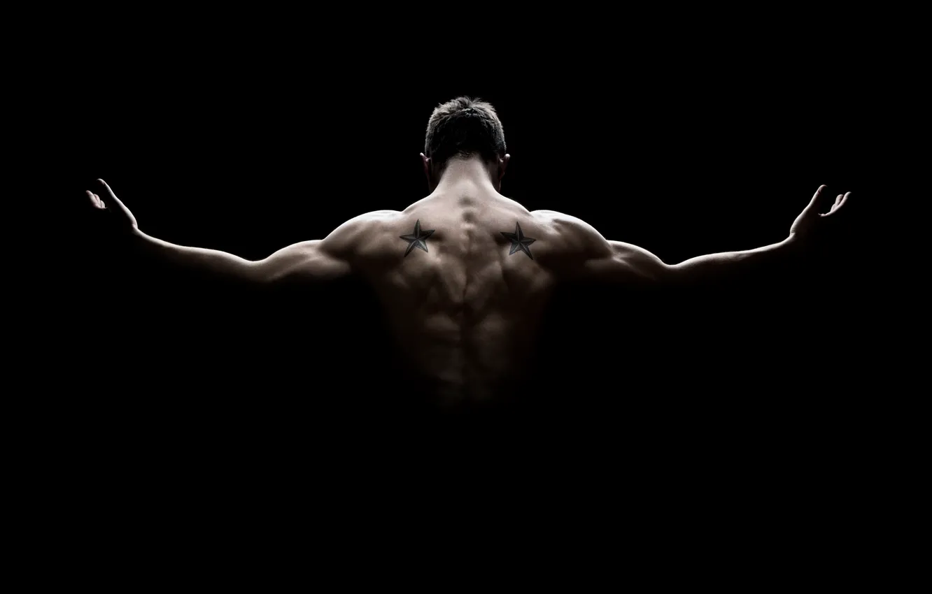 Photo wallpaper man, muscles, pose, back, strength, shadow