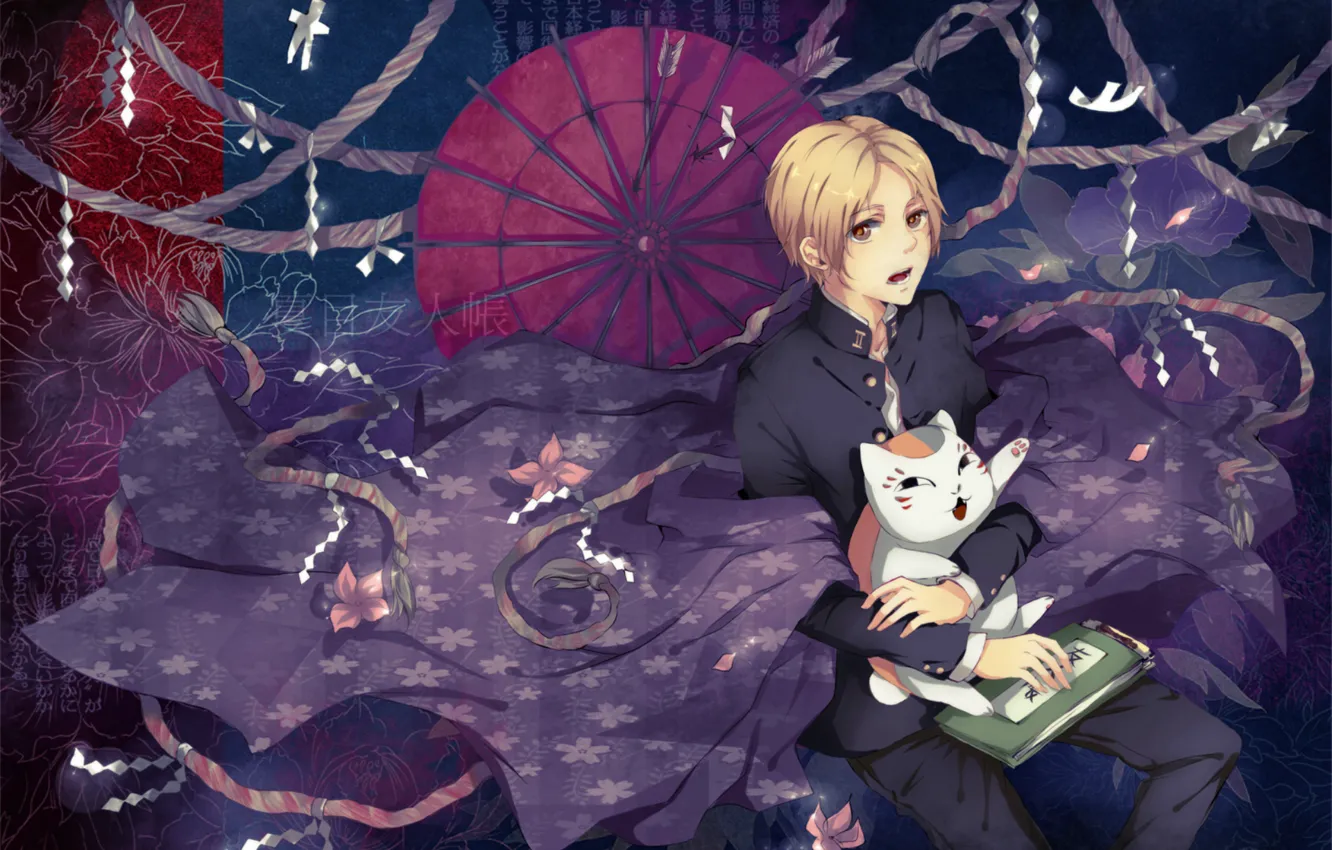 Photo wallpaper cat, magic, pattern, umbrella, rope, cloak, natsume yuujinchou, the Natsume book of friendship