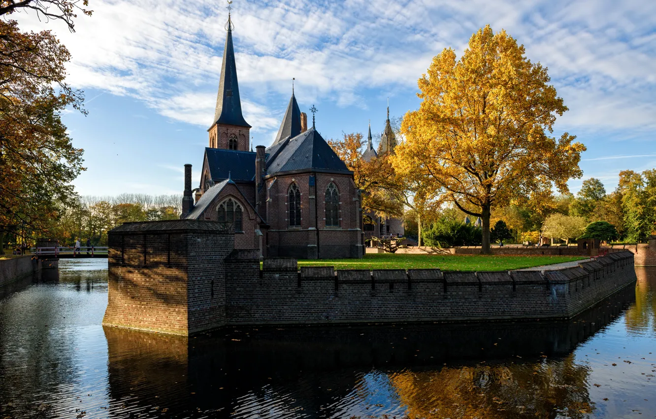 Photo wallpaper trees, the city, river, photo, castle, Cathedral, temple, Netherlands