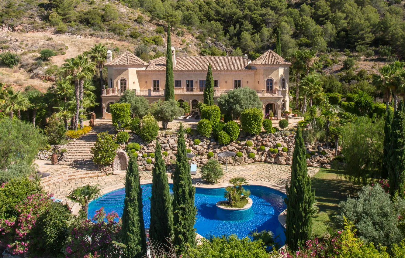 Photo wallpaper summer, style, palm trees, pool, garden, architecture, mansion, Luxury villa