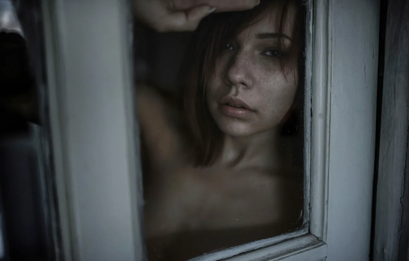 Photo wallpaper look, glass, portrait, window, freckles, red-haired beauty