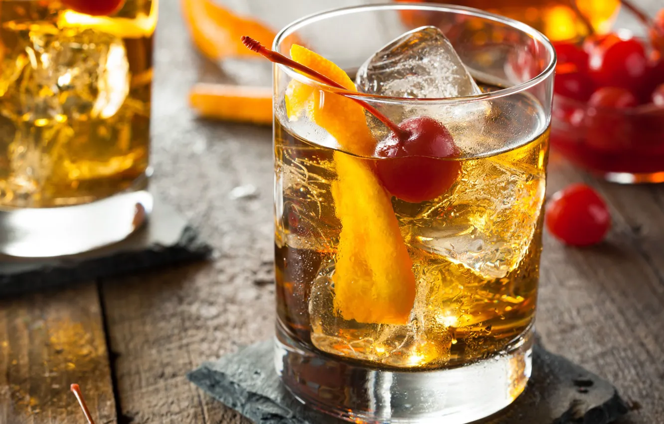 Photo wallpaper ice, cherry, glass, orange, alcohol, cocktail