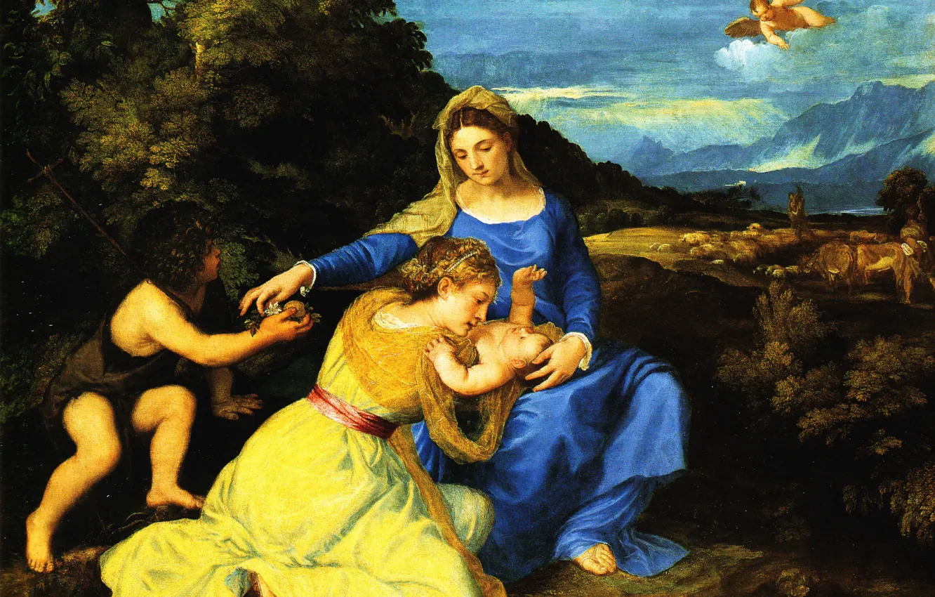 Photo wallpaper picture, religion, Titian, mythology, The Madonna and child, little John the Baptist, Tiziano Vecellio