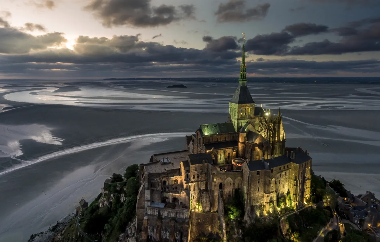 Photo wallpaper clouds, night, lights, castle, France, tide, the monastery, Normandy