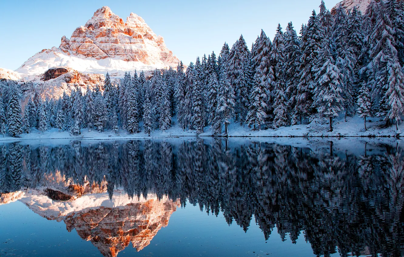 Photo wallpaper winter, mountains, reflection, river