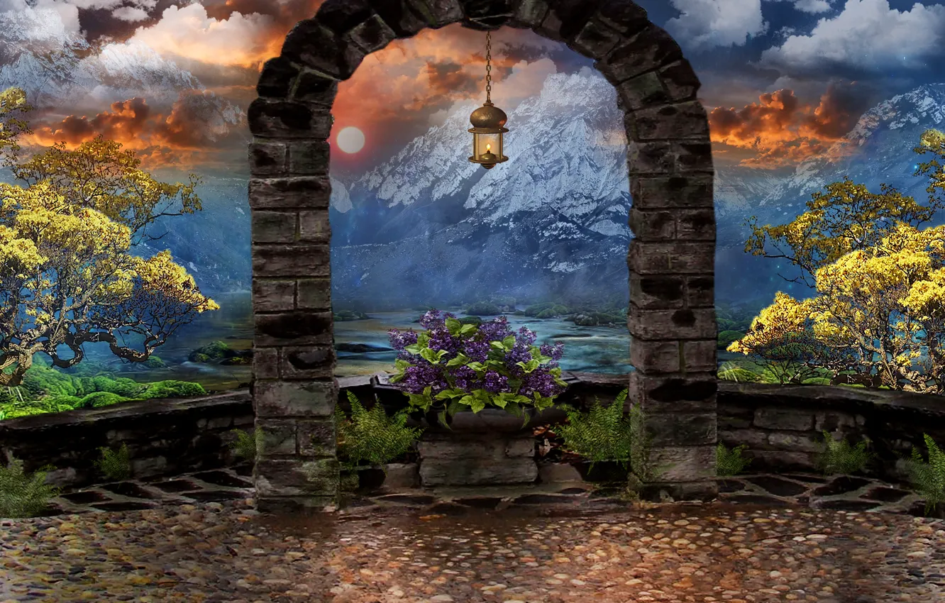 Photo wallpaper the sky, clouds, trees, flowers, mountains, art, lantern, arch