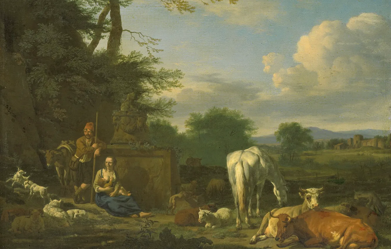 Photo wallpaper oil, picture, canvas, Adriaen van de Velde, Arcadian Landscape with Resting Shepherds