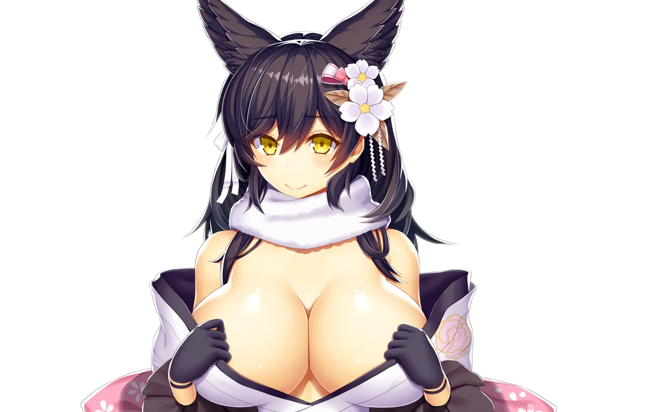 Photo wallpaper girl, sexy, cleavage, long hair, boobs, animal ears, anime, beautiful