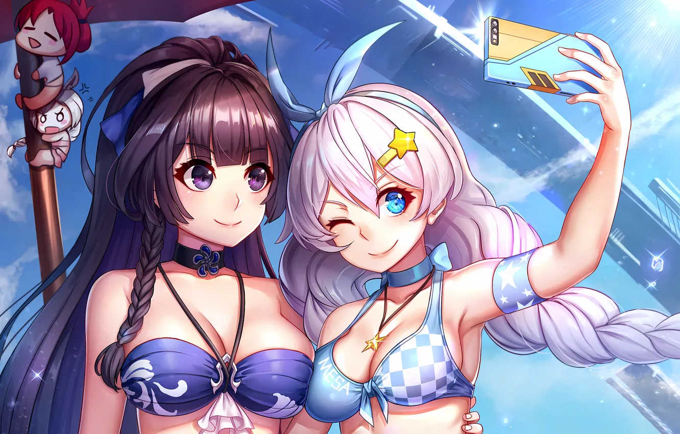 Photo wallpaper sexy, cleavage, pink hair, sky, long hair, girls, boobs, anime