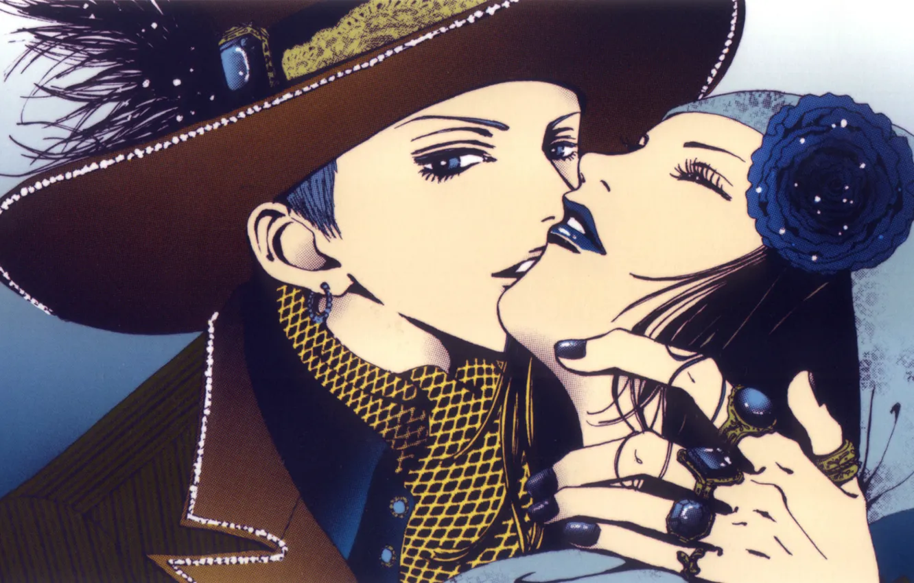 Photo wallpaper hat, flower in hair, almost kiss, rings, paradise kiss, yakari hayasaka, george koizumi, by ai …