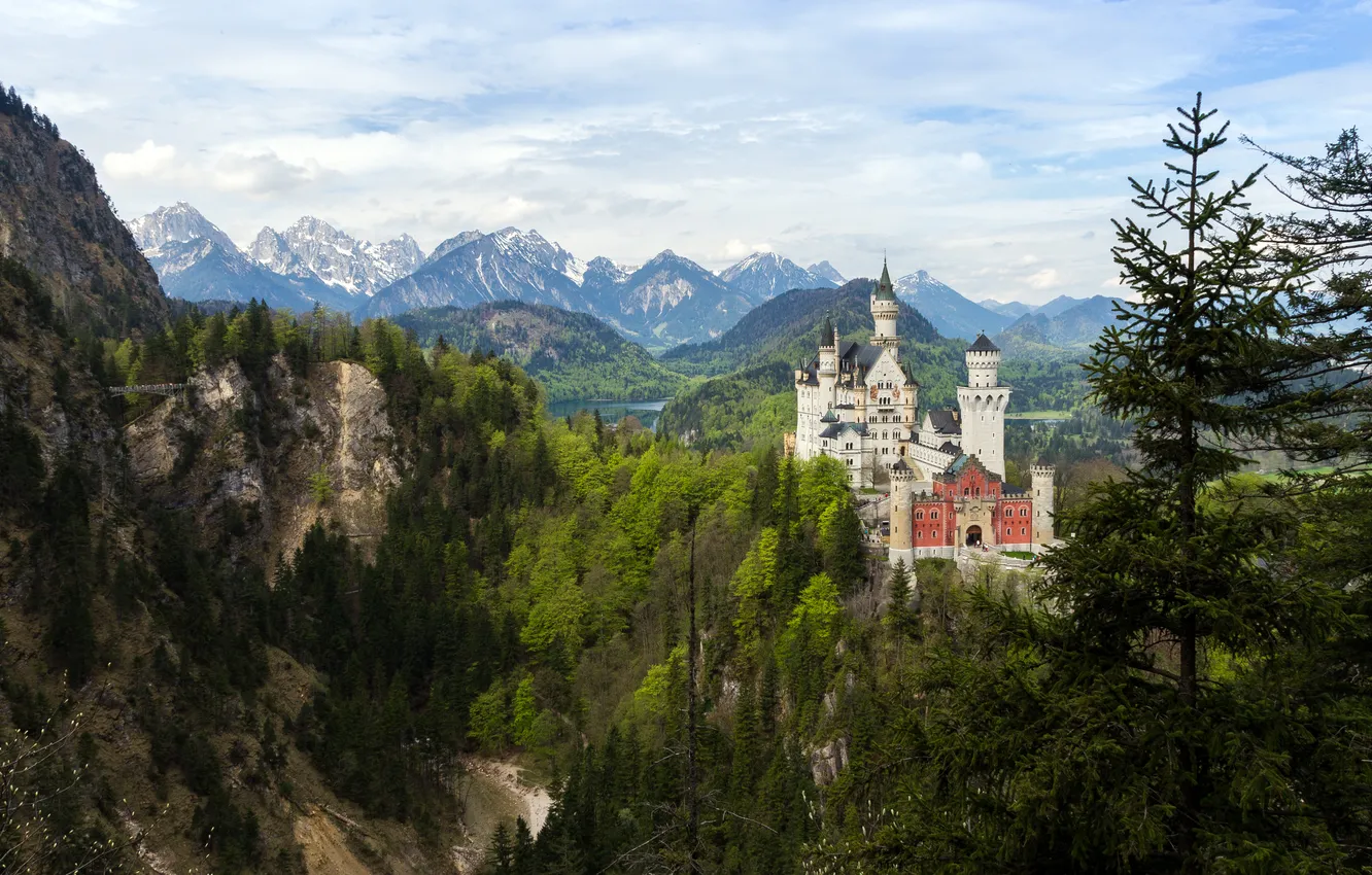Photo wallpaper forest, mountains, nature, castle, Neuschwanstein, Germany, Bavaria