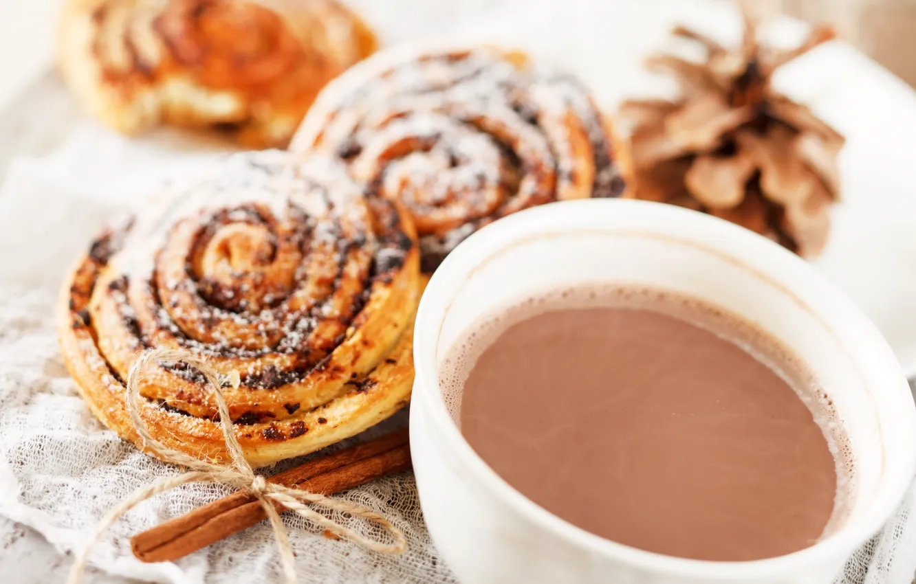 Photo wallpaper drink, cinnamon, cakes, cocoa, buns