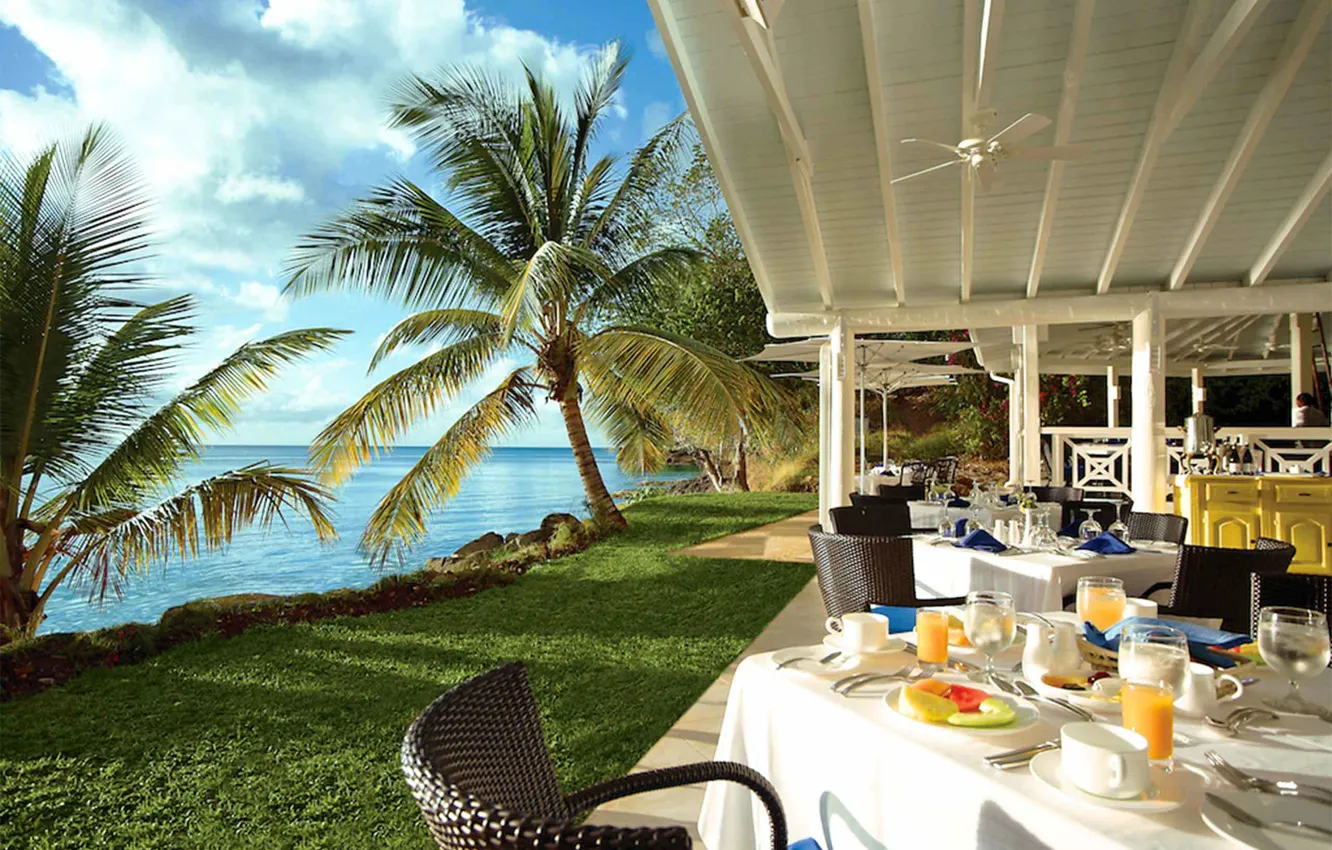 Photo wallpaper beach, palm trees, restaurant, views of the ocean