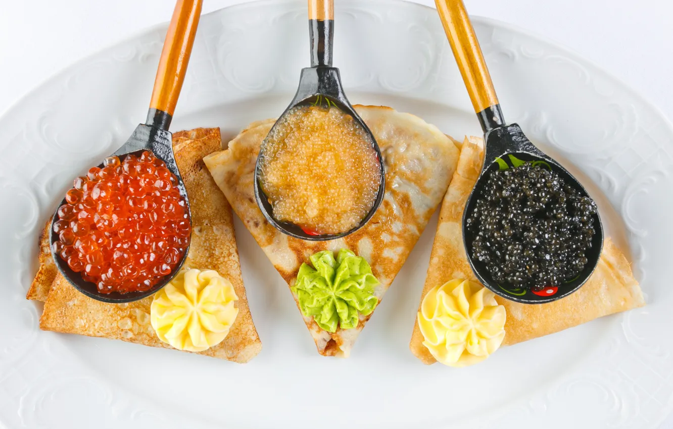 Photo wallpaper pancakes, caviar, spoon