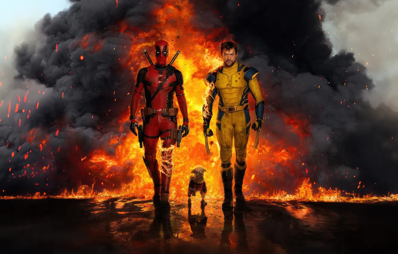 Photo wallpaper flame, dog, Logan, 2024, Deadpool & Wolverine, Deadpool and Wolverine
