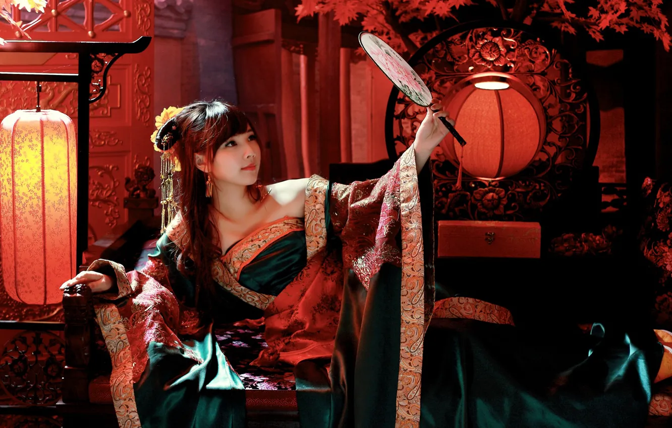 Photo wallpaper girl, mirror, geisha, kimono, Asian, admires