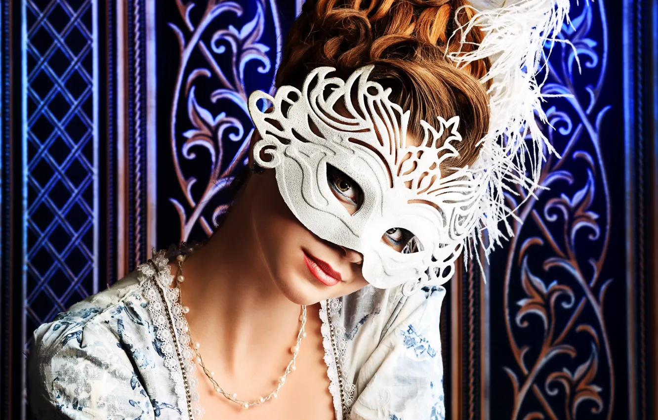 Photo wallpaper look, girl, background, patterns, hair, dress, mask, hairstyle