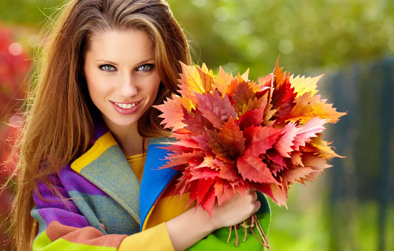 Photo wallpaper autumn, leaves, girl, smile, hair, brown hair, coat, long