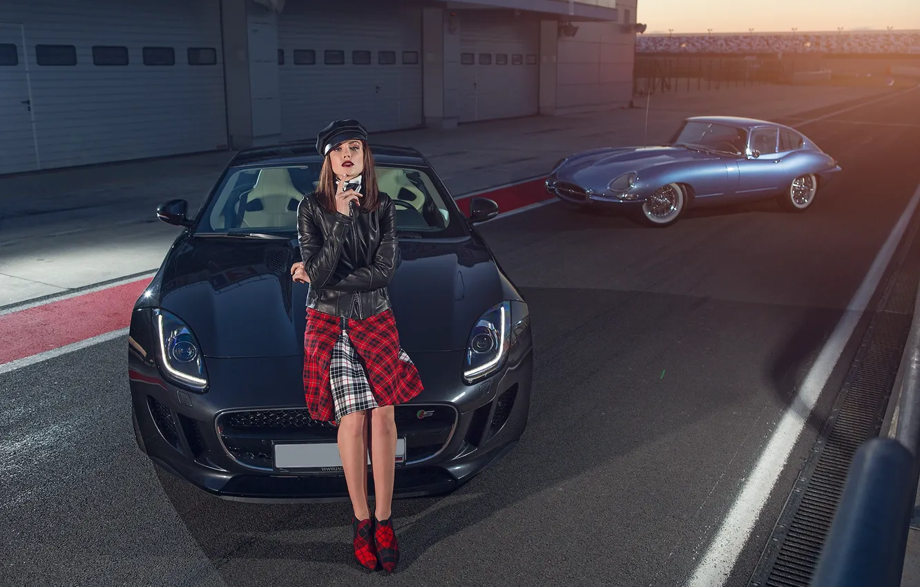 Photo wallpaper auto, look, girl, Jaguar, cap