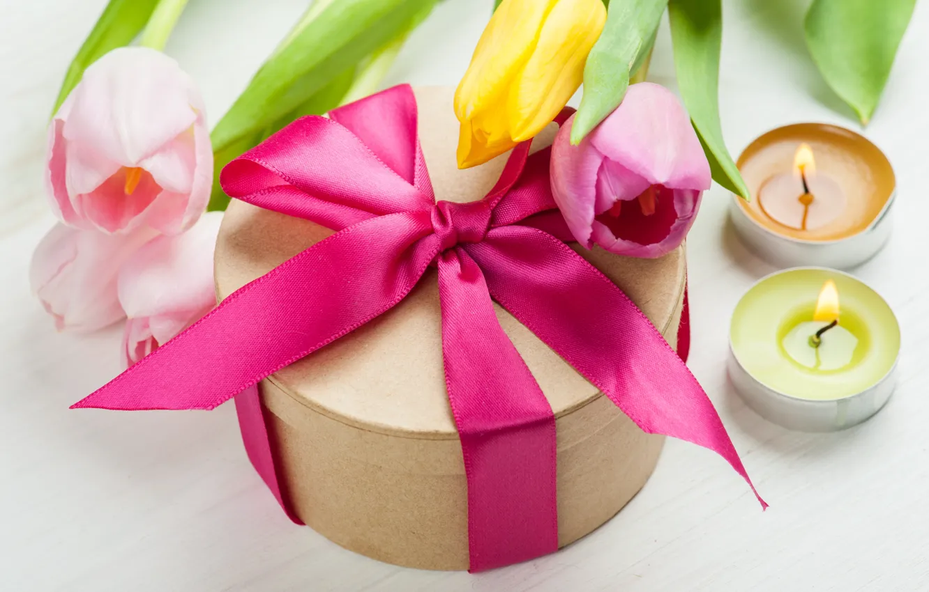 Photo wallpaper bouquet, candles, tulips, love, bow, fresh, flowers, romantic