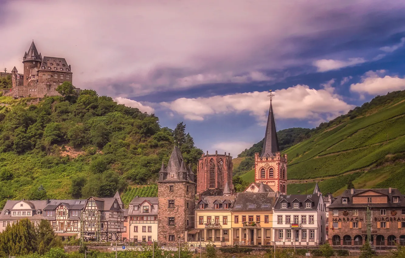 Photo wallpaper field, the sky, the sun, clouds, trees, mountains, castle, home