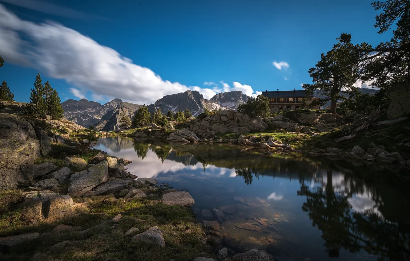 Photo wallpaper the sky, clouds, mountains, lake, rocks, house