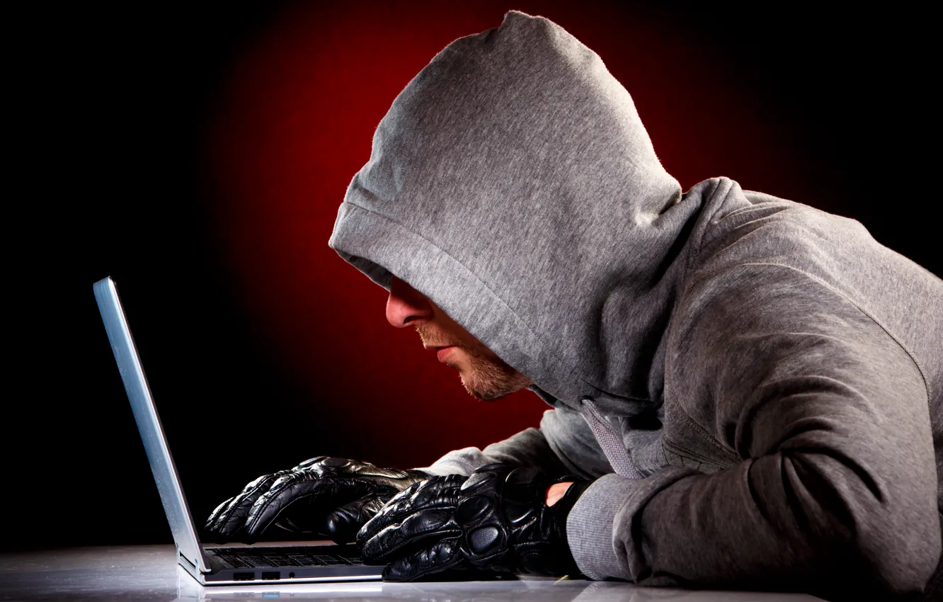 Photo wallpaper notebook, gloves, hacker, data theft
