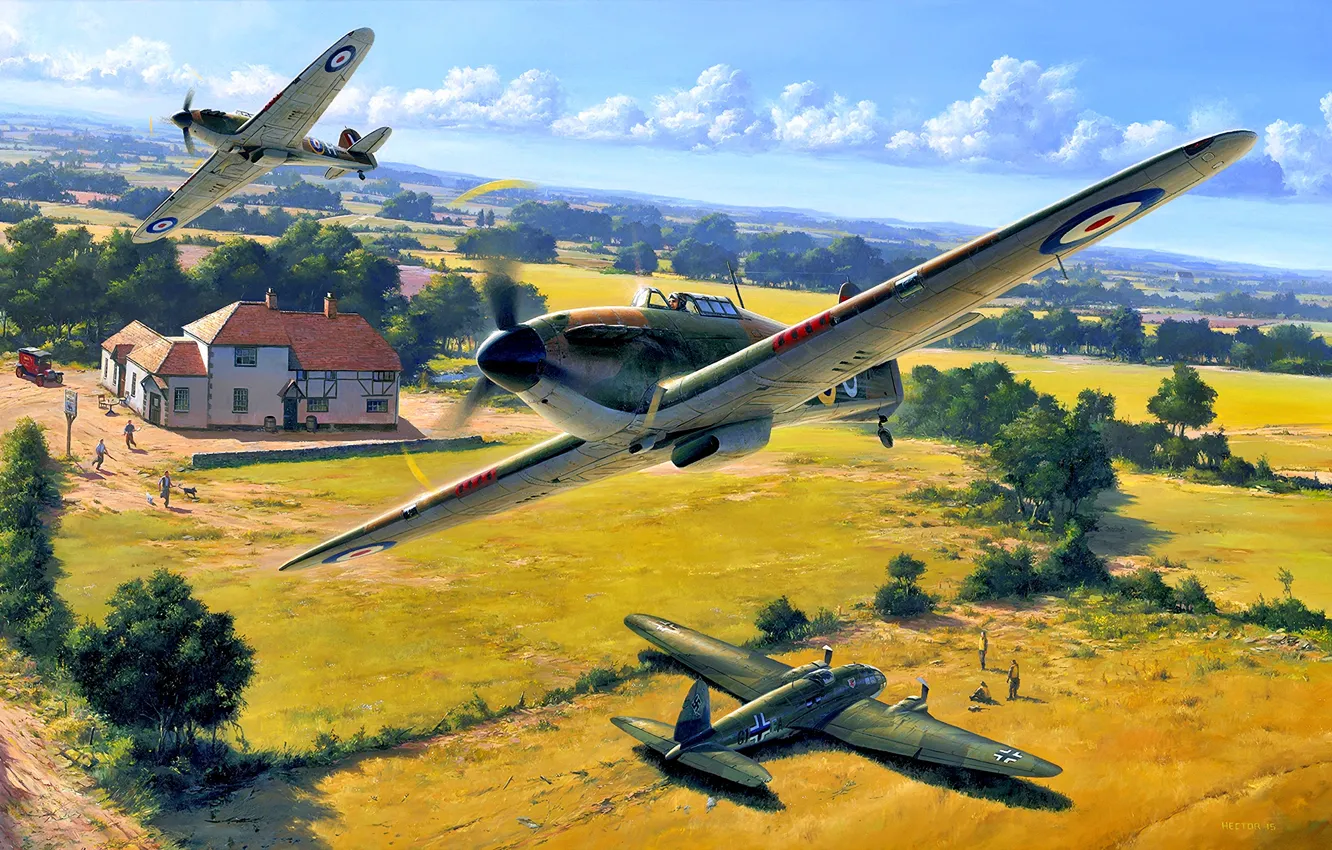Photo wallpaper Trees, House, Hurricane, RAF, pilots, He.111, Heinkel 111, Hawker Hurricane Mk.I