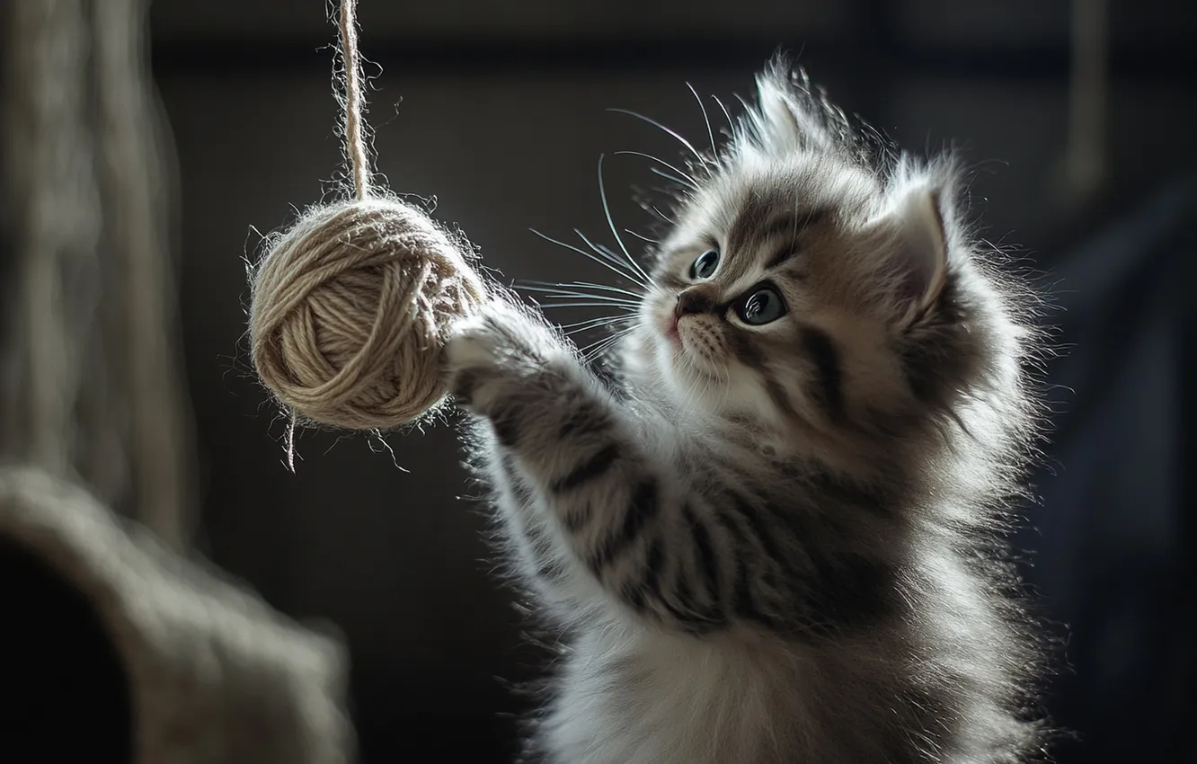 Photo wallpaper cat, look, tangle, pose, kitty, grey, toy, the game