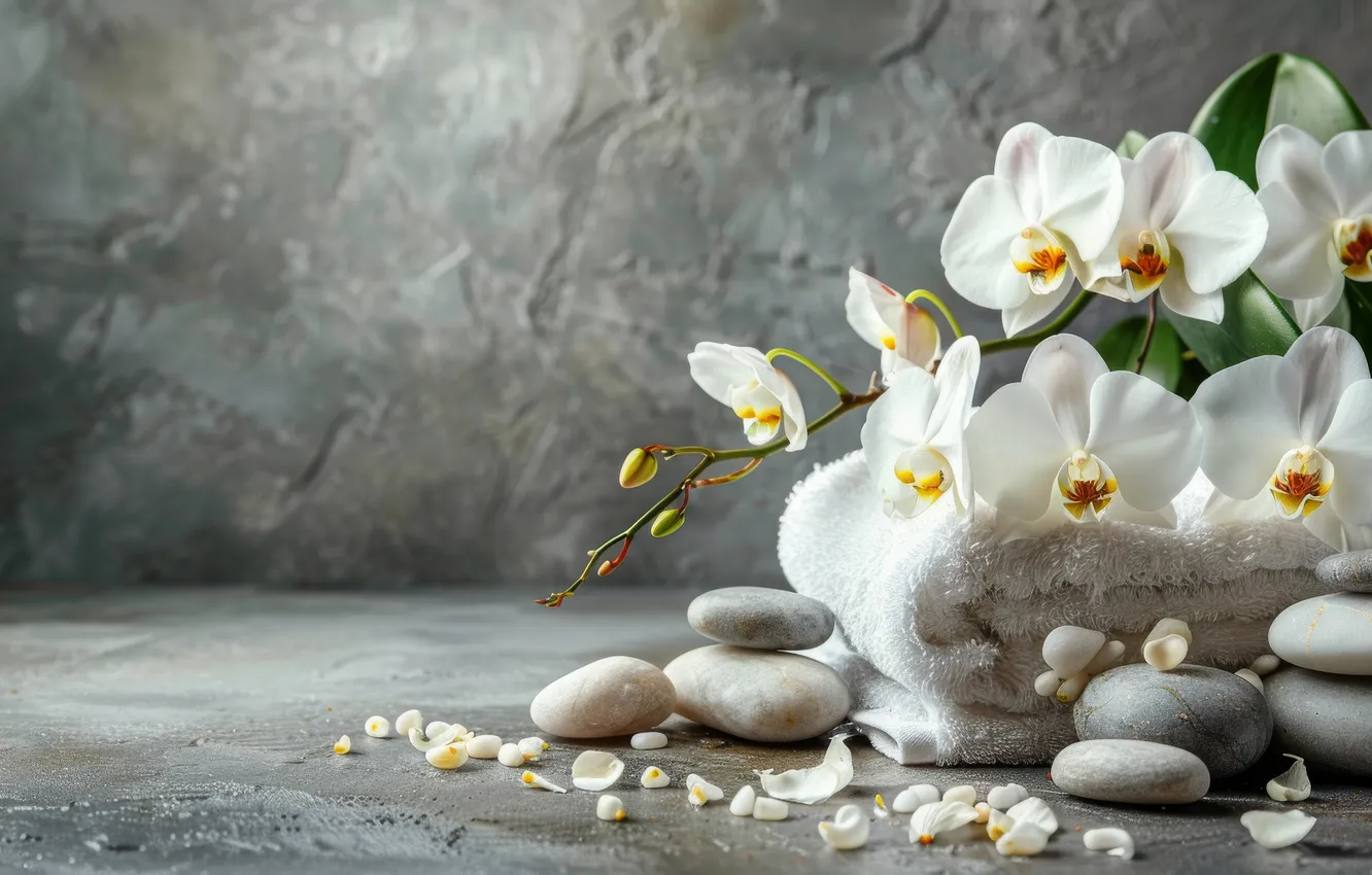 Photo wallpaper flowers, pebbles, stones, towel, petals, white, grey background, Orchid