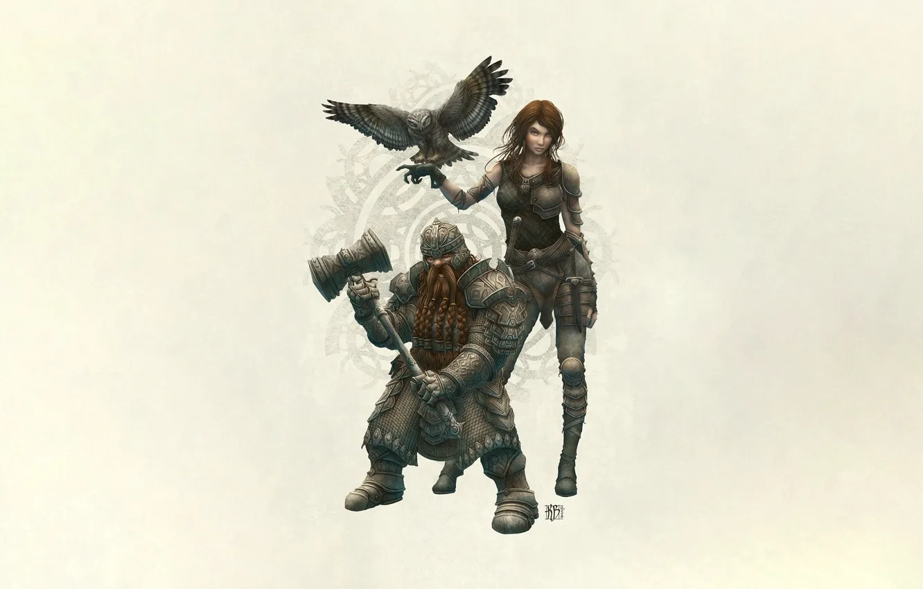 Photo wallpaper style, fiction, owl, elf, armor, hammer, Kerem Couplets, fighter