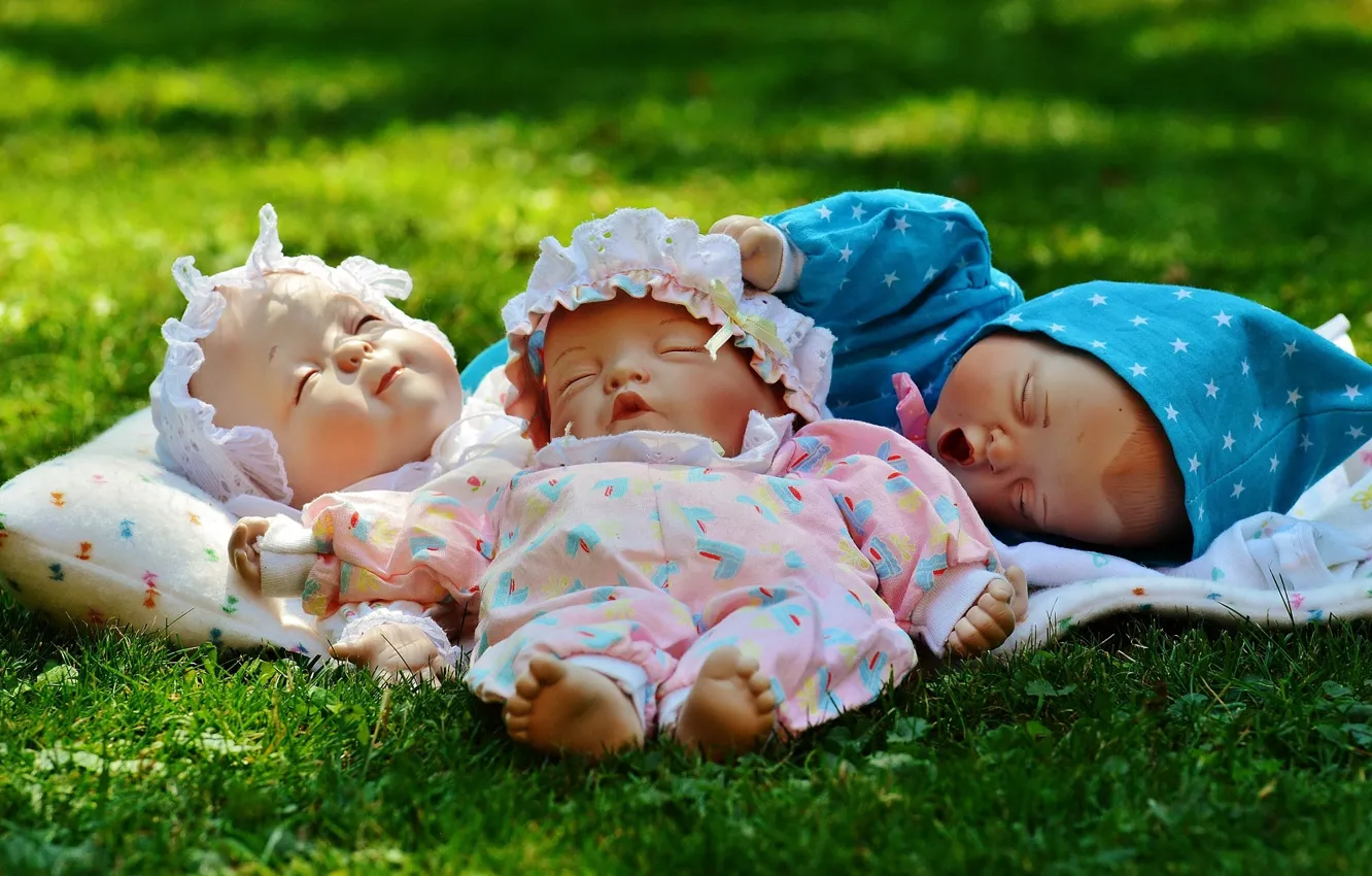 Photo wallpaper grass, children, toys, doll, kids, newborns
