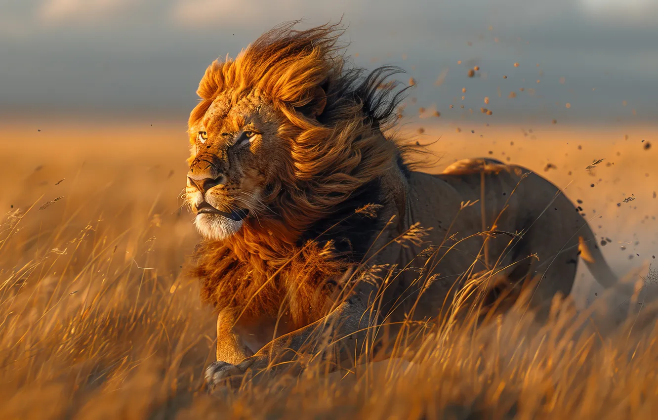 Photo wallpaper grass, predator, Leo, running, mane, big cat, digital art, AI art