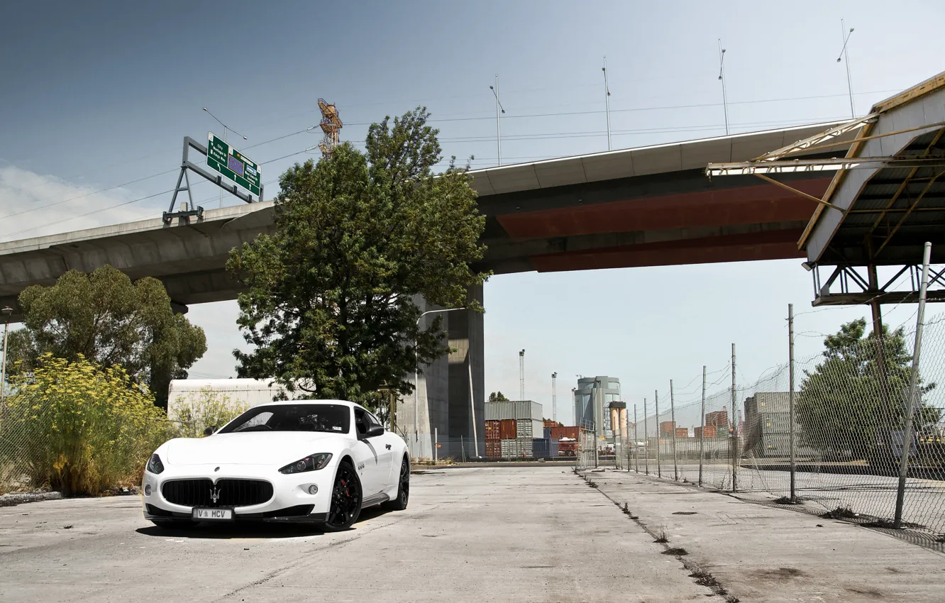 Photo wallpaper white, the sky, bridge, the fence, white, maserati, front view, Maserati