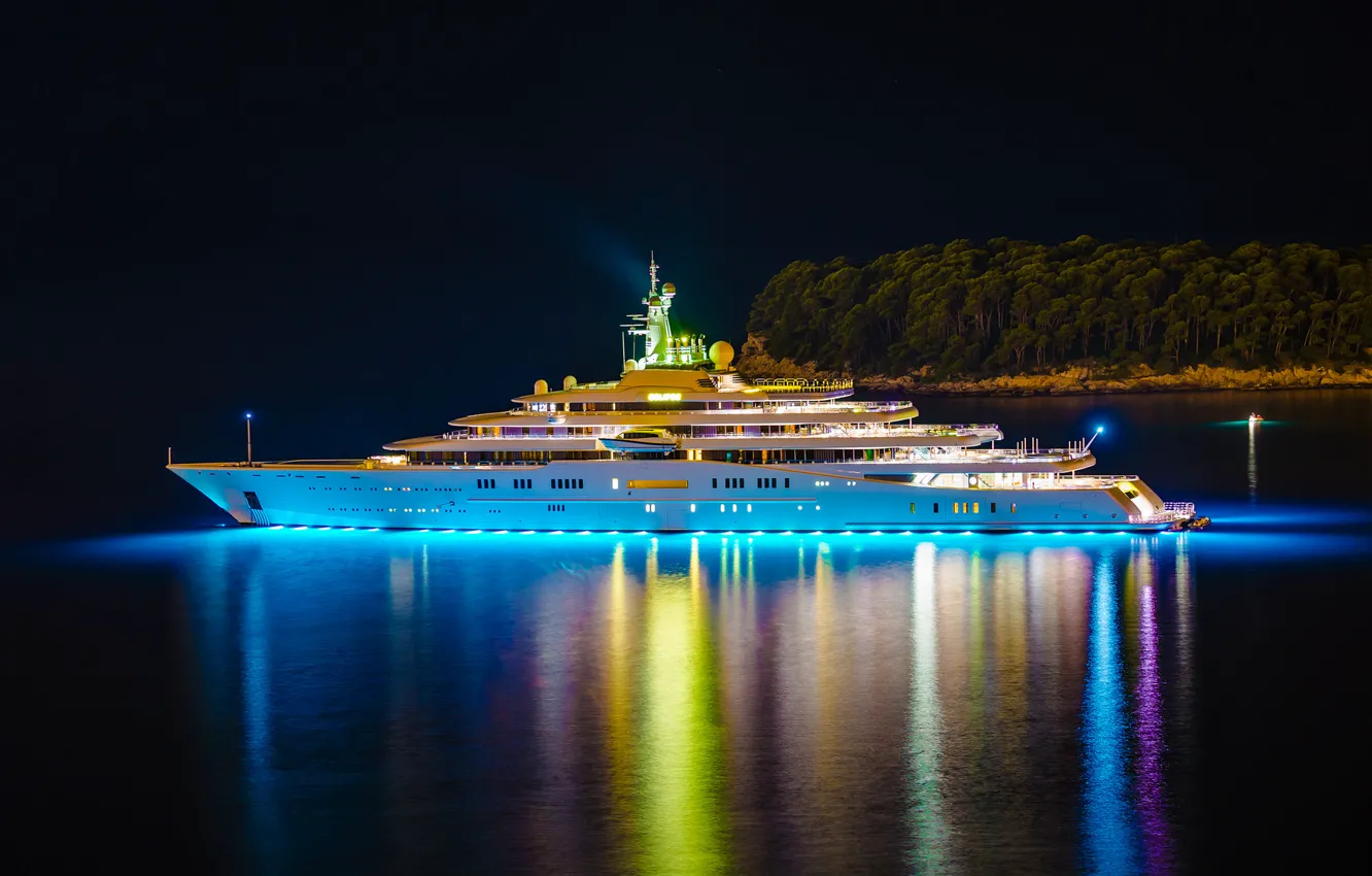 Photo wallpaper night, lights, island, yacht, Eclipse, yacht, trees., mega