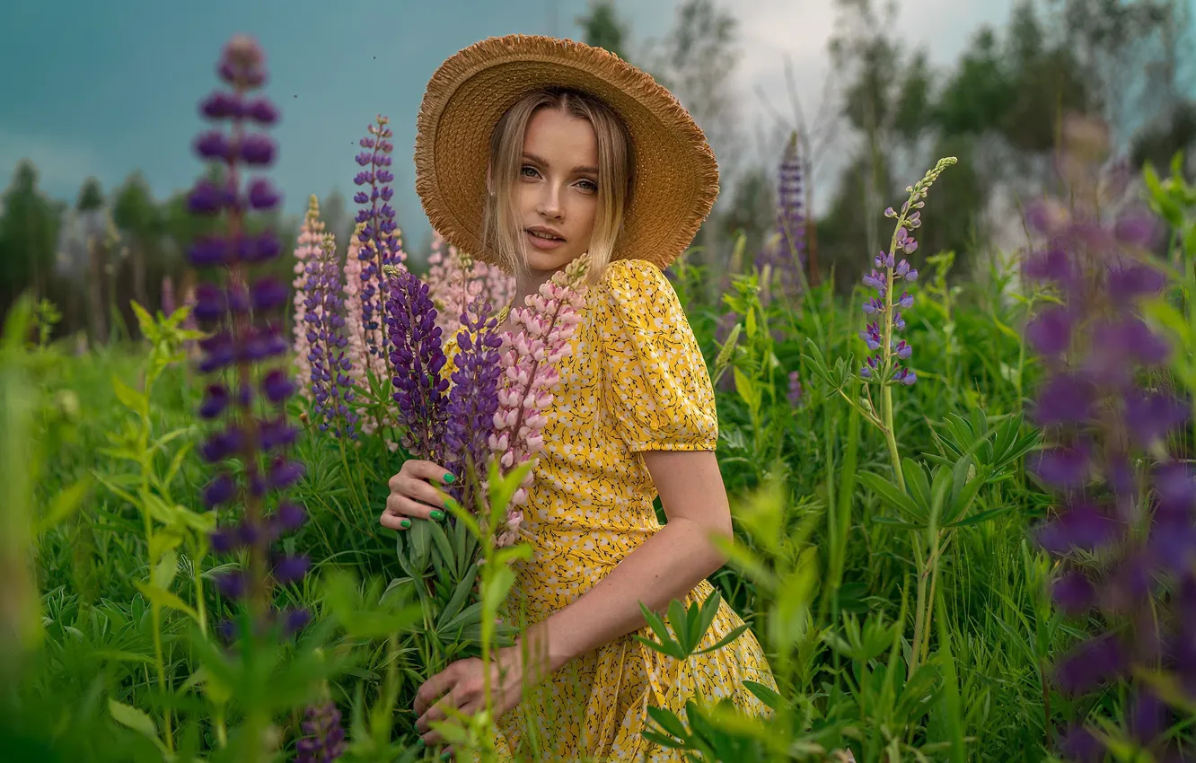 Photo wallpaper look, girl, flowers, pose, hat, dress, lupins, Sergei Novozhilov