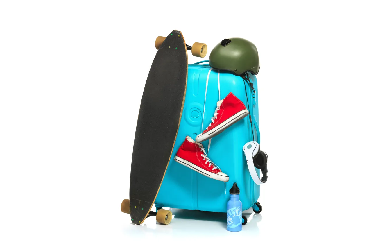 Photo wallpaper sneakers, headphones, white background, helmet, suitcase, Board, skate, skateboard