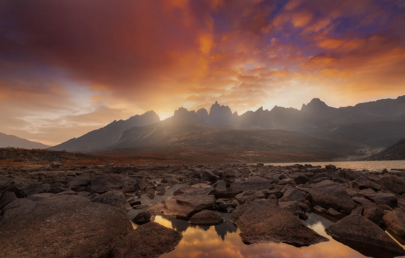 Photo wallpaper water, sunset, mountains, lake, stones, Canada, Tombstone Territorial Park